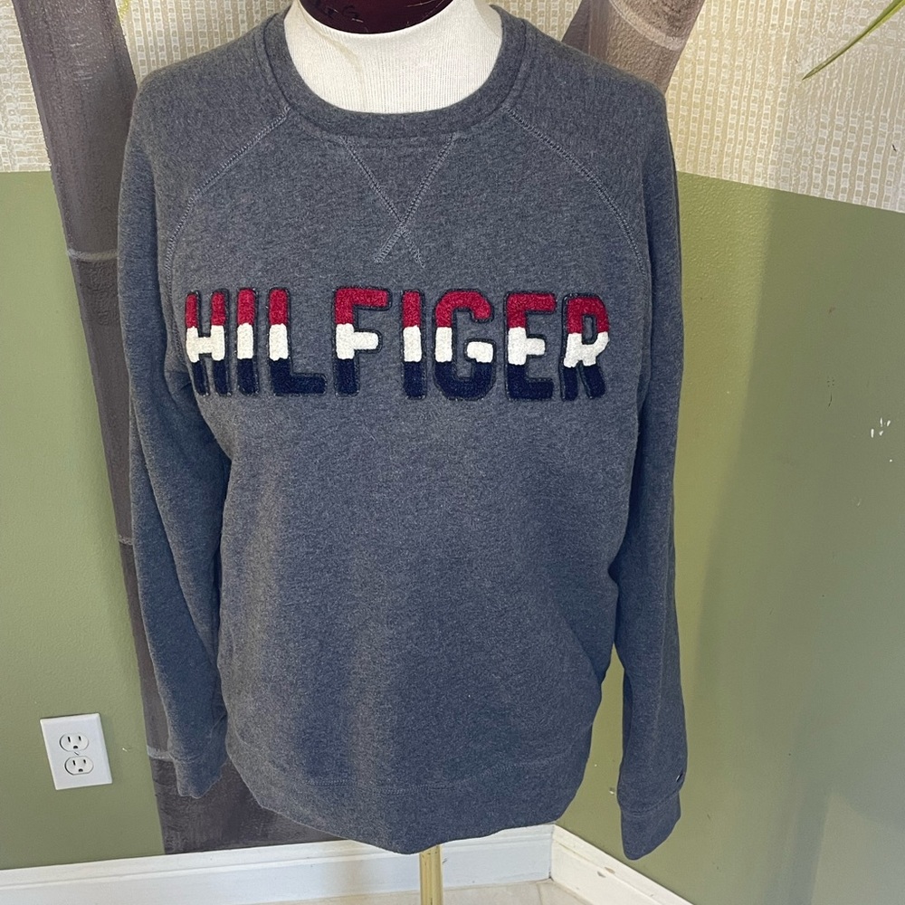 Tommy HILFIGER heather gray sweatshirt red/white/blue raised fuzzy letter Sz S/P